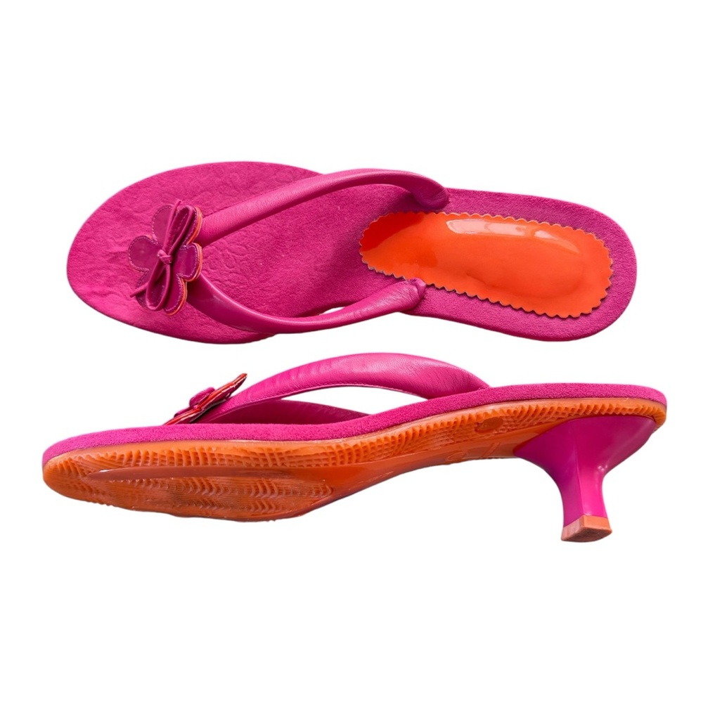 Vintage Flower Ribbon Thong Kitten Heels Pink Orange Summer Made in Spain Sz 10 - Picture 10 of 15